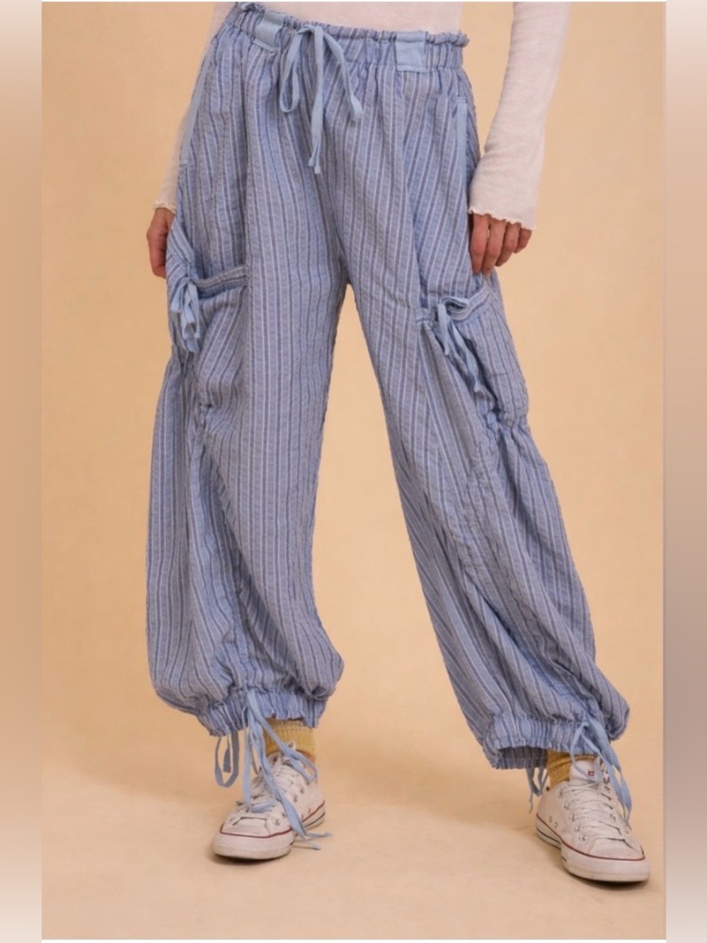 Blue Velvet Breana White Blue Striped Balloon Cargo Pants Boho Coastal Parachute - Picture 2 of 12